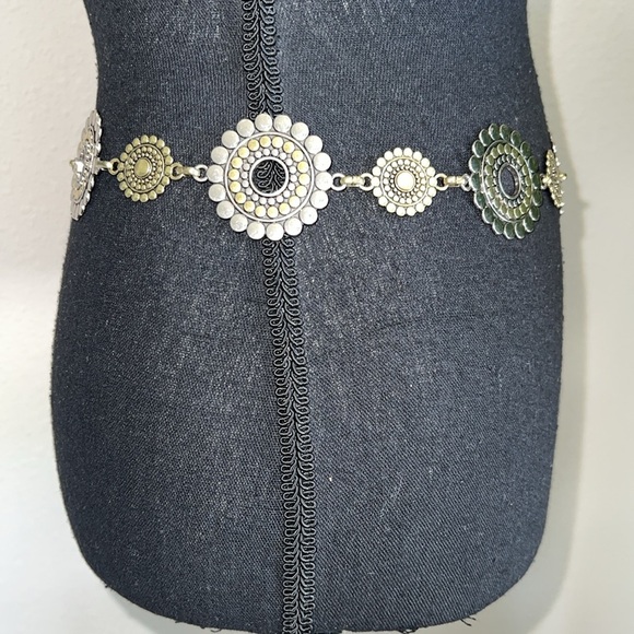 Women’s Chainlink Silver Gold Tone Reversible Floral Details Belt 70s Look Feel - Picture 8 of 15